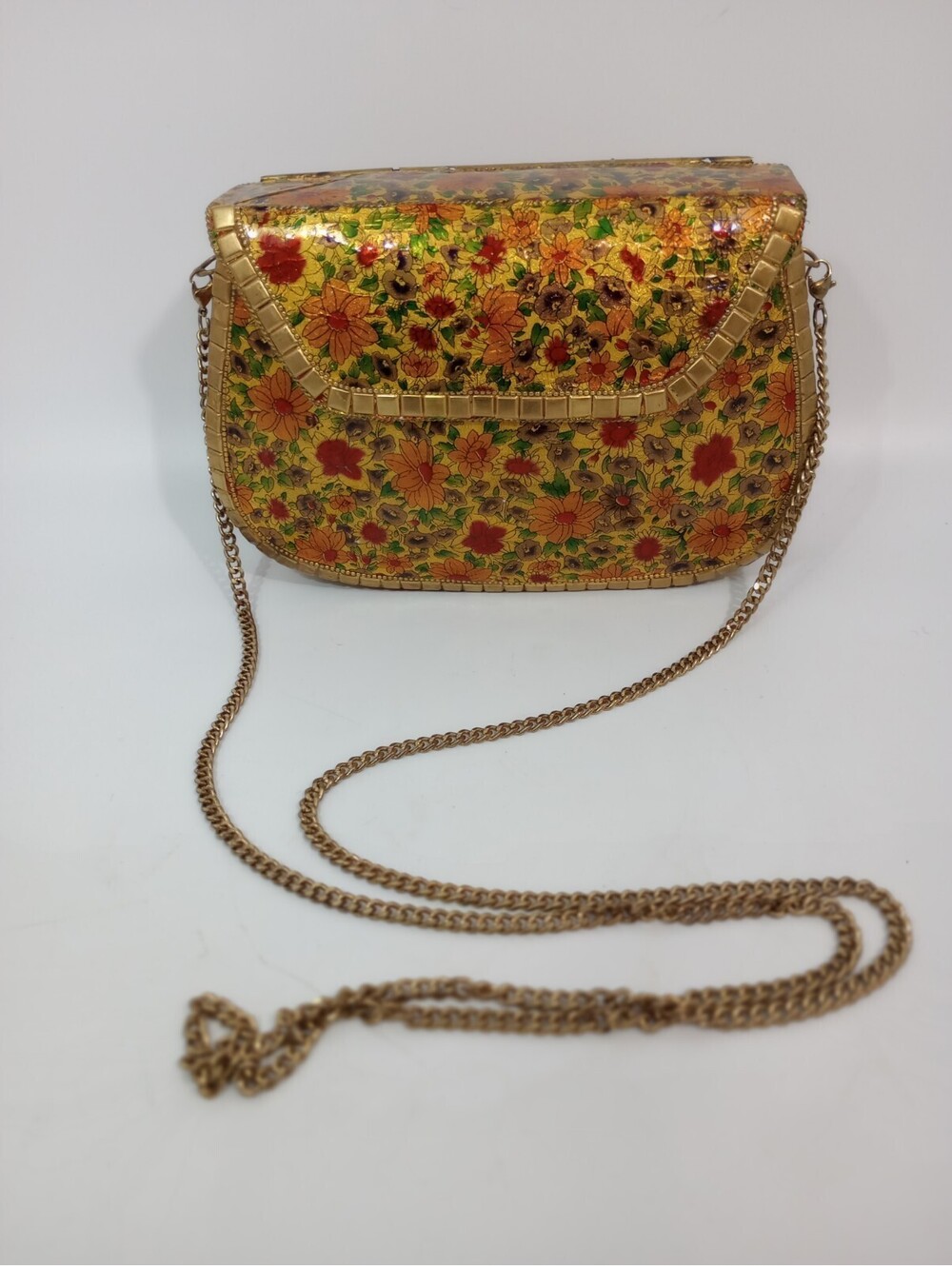 Antik Kraft Enamel Hardbody Floral  Gold Metal Clutch Boho Purse Chain Crossbody